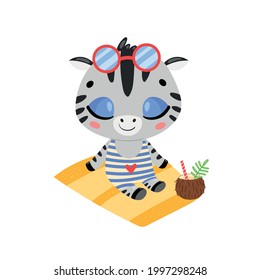 Flat doodle cute cartoon summer zebra sunbathing on the beach. Tropical jungle animals