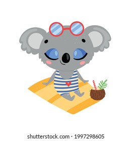 Doodle plano lindo dibujos animados verano koala bronceándose en la playa. Animales de la selva tropical
