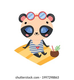 Flat doodle cute cartoon summer panda bear sunbathing on the beach. Tropical jungle animals