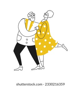 El Doodle Flat es un personaje adorable de los amantes de la pareja mayor bailando. Estilo sencillo lineal de vector dibujado a mano.