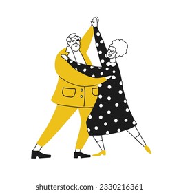 Flat Doodle cute character of senior couple lovers dancing. Hand drawn vector linear simple style.