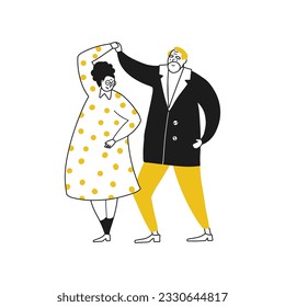 El Doodle Flat es un personaje adorable de los amantes de la pareja mayor bailando. Estilo sencillo lineal de vector dibujado a mano.