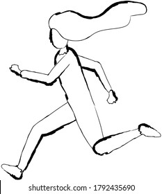 Flat doodle drawing image of running woman, vector illustration