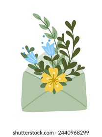 Flat doodle envelope with abstract floral composition. Flat hand drawn colored elements on white background. Unique print design for printout, poster, interior. Spring modern concept