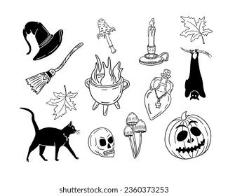 Flat doodle handgezeichnet halloween witch Dinge. Skizze-Umriss für die Halloween-Dekoration. Schwarze einzelne Elemente auf weißem Hintergrund. Ideal zum Färben von Seiten, Aufklebern, Tatoo.