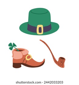 Flat doodle hand drawn leprechauns items. Colored sketchy green leprechauns hat, shoe, smoking pipe and shamrock. Irish celebration concept. Ideal for decoration, stickers, pattern