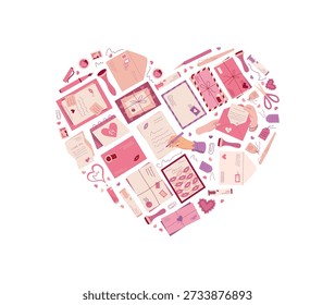 Flat Doodle Herz Postkarte Stil. Umschlag, Liebesbrief, Nachricht und Postkarte schaffen ein Valentinkonzept. Romantische Korrespondenz für Einladung oder Gruß, Schreibwaren, Urlaubskontext, handgefertigt