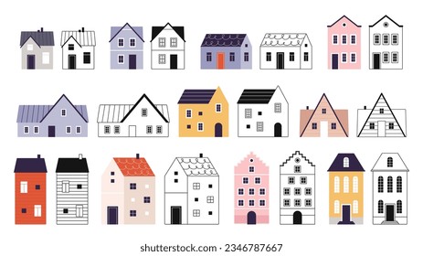 Flat doodle houses, tiny buildings flat and line style. Decorative architecture urban elements, little town or village vector homes