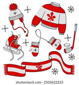 Flat doodle illustration of a winter sports kit in Canadian colors. Hockey skates a stick with a puck, a sweater, a scarf, a hat and mittens. Elements are made in red and white, snowflakes around