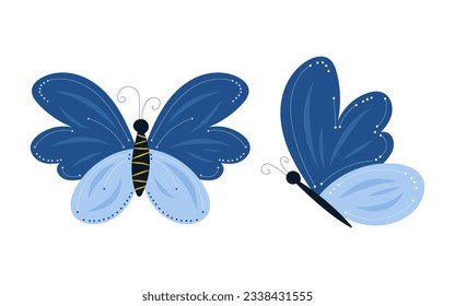  Flat doodle illustrations of blue butterflies - two butterflies depicted in profile and front view. Vibrant colors and artistic design. Good for banners, prints, patterns, children's themes.