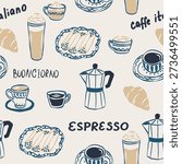 Flat doodle italian coffee seamless pattern