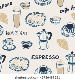 Flat doodle italian coffee seamless pattern