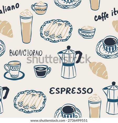 Flat doodle italian coffee seamless pattern