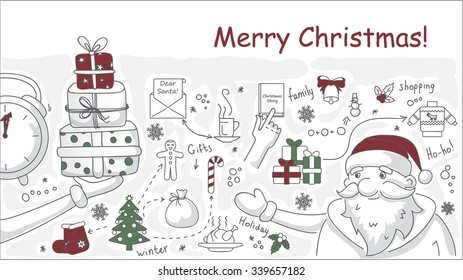 Flat doodle line design illustration concepts for christmas planning and celebration. Modern line style illustration for web banners, hero images, printed materials