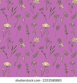 Flat doodle Wiese nahtlose Muster. Weiße und schwarze einzelne Kräuter auf violettem Hintergrund. Minimalistisches Doodle-Design. Ideen für Dekoration, Textilien, Umhüllungspapier, Hintergrund, Grüße