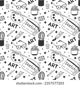 Flat doodle seamless pattern with art stationary. Minimalistic sketch unique design. Grey isolated art elements on white background. Good for decoration, textile, wrapping paper, background