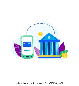 Flat doodle smartphone, bank icon and leaves in purple, blue, green colors isolated on white background. Money transactions and payments concept.