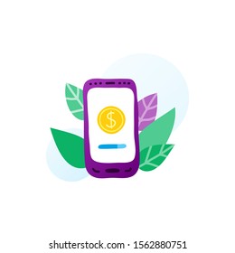 Flat doodle smartphone with dollar coin on screen and leaves around in purple, blue, green colors isolated on white background. Mobile payments concept.