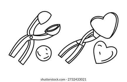 Flat doodle snowball set round and heart, create round and heart-shaped snowballs. Winter outdoor activities for seasonal posters, holiday cards, textile prints, or graphic design
