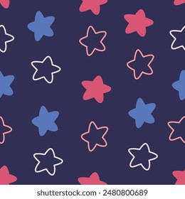 Flat and doodle stars cute hand drawn seamless vector pattern. Fun cosmic theme. Kawaii background for kids room decor, nursery art, fabric, wallpaper, wrapping paper, apparel, textile, packaging.