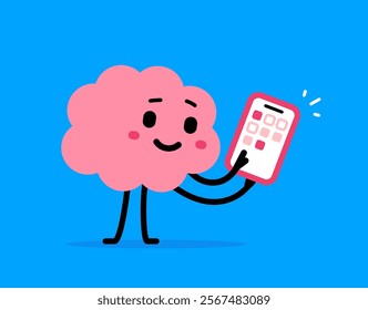 Flat doodle style design of cute happy brain character using smart phone on blue color background. Vector cartoon education illustration of smile brain hold phone in hand for web, site, banner, poster