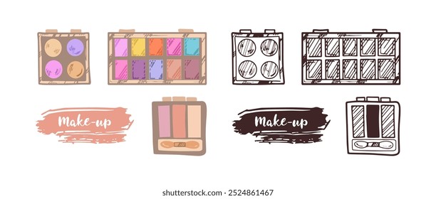 Paletas de sombras de ojos de estilo plano y doodle, Elementos cosméticos de belleza, cuidado personal. Ilustración para salón de belleza, tienda de cosméticos, diseño de maquillaje. Estilo de boceto Doodle.	