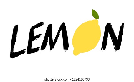 Dibujo vectorial plano de doodle de limón con tipografía aparte. Logo de diseño gráfico. Grunge concepto de jugo de limón, ingrediente, amargo, vitamina C, comida fresca o bebida.