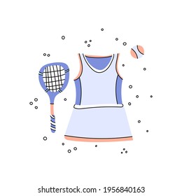 Flat doodle vector illustration of sports dress, racket and ball. Women's sportswear. Sports outfit isolated on white background.