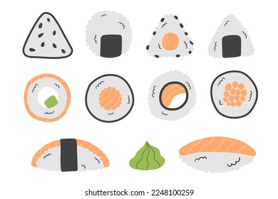 Flat doodle vector set of sushi, rolls, onigiri, gunkan. Traditional Asian food on a white background.