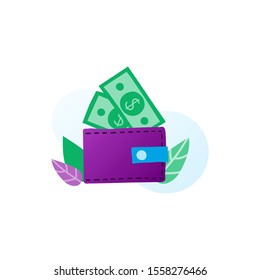 Flat doodle wallet, dollar banknotes and leaves in purple, blue, green colors isolated on white background.