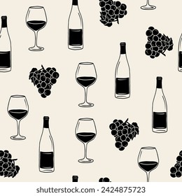 Flat doodle wine bottle, glass and grapes background