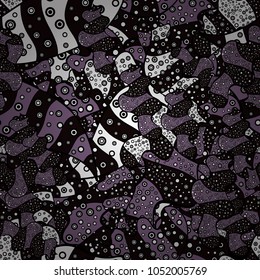 Flat doodles. Cute fabric pattern. Vector illustration. Design. Seamless Print. Elements black, purple and white on colors.
