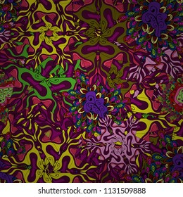 Flat doodles. Cute fabric pattern. Seamless Print. Vector illustration. Elements purple, black, yellow and pink on colors. Design.