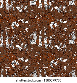 Flat doodles. Design. Vector illustration. Cute fabric pattern. Elements white, black and brown on colors. Seamless Print.