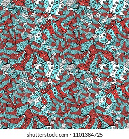 Flat doodles. Vector illustration. Cute fabric pattern. Design. Seamless Print. Elements blue, black and pink on colors.