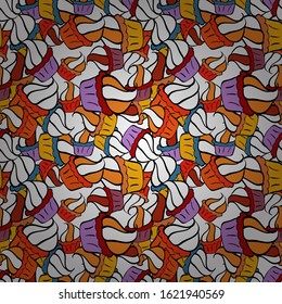 Flat doodles. Vector illustration. Elements orange, black and white on colors. Design. Cute fabric pattern. Seamless Print.