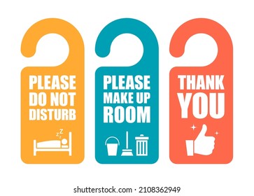 Flat door hanger set. Colorful hangers on white background. Do not disturb, Please make up room, Thank you. Vector illustration. Collection