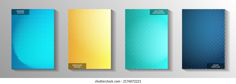 Flat dot screen tone gradation title page templates vector collection. Scientific journal faded screen tone patterns. Vintage comics style cover page leaflets. Gradient design.