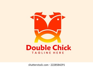 Flat double chicken logo template design icon logotype vector art illustration