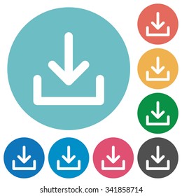 Flat download icon set on round color background. 8 color variations included with light teme.