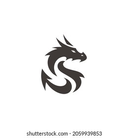 Flat dragon silhouette, dragon illustration vector logo in black and white color