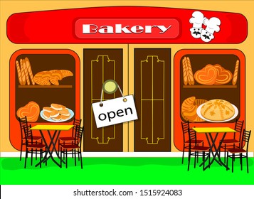 Flat drawing of a Baker's showcase. Small business bakeries. Cafe with a sign "open". Vector