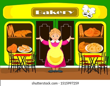 Flat drawing of a Baker's window. Small business bakeries. The seller kindly invites you to the cafe. Vector