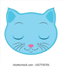 Flat drawing of a cat. Blue cat face Emoji. Signs and symbols of the cat. Sleep, eyes closed..Vector