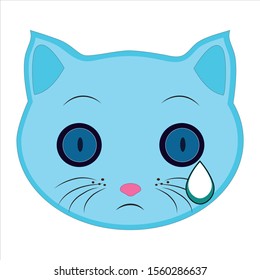 Flat drawing of a cat. Emoji, crying, flowing tear dripping. Signs and symbols of the cat. Vector.