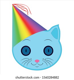 Flat drawing of a cat. An Emoji The face of a blue cat. Signs and symbols of the cat. festive hat. vector.