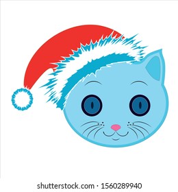 Flat drawing of a cat. An Emoji The face of a blue cat. Signs and symbols of the cat. festive hat. vector.