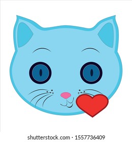 Flat drawing of a cat. An Emoji that sends a heart-shaped kiss. The face of a blue cat. Red heart. Signs and symbols of the cat. Vector