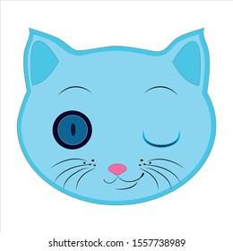Flat drawing of a cat. An Emoji that winks with one eye. The face of a blue cat. Signs and symbols of the cat. Vector