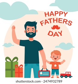 Flat drawing celebrating Father's Day, featuring a heartwarming scene of a father with his children. Vibrant colors and clean lines capture the joy and love shared between them.